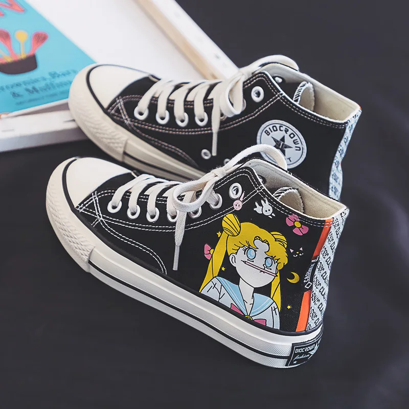 

2019 Fashion Cartoon Sneakers Women High-top Canvas Shoes Girls Flats Zapatillas mujer Lace-up baskets femme Vulcanized Shoes