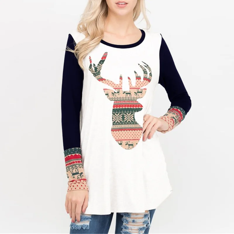 

Style Merry Christmas Women T-shirts Deer Tee Plus Size Top Women Hot Female Long Sleeve Tshirt T Tops Hot Tee Shirt