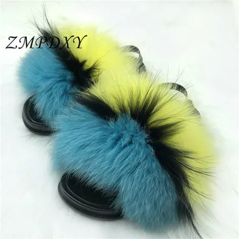 

Children Fluffy Raccoon Fur Slippers Cute Furry Warm Slides Baby Girl Shoes Indoor Slippers Plush Slides Beach Flip Flops New