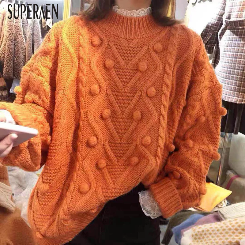 SuperAen, корейский стиль, пуловеры, свитера для женщин, мода, новые зимние, дикие, женские свитера, одноцветные, с длинным рукавом, топы