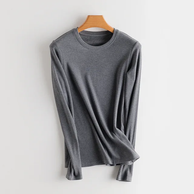 SuyaDream Women Bottoming T Shirt Real Silk Blend Long Sleeves Solid Basic Shirt 2021 Autumn Winter Turtleneck Top Gray O neck