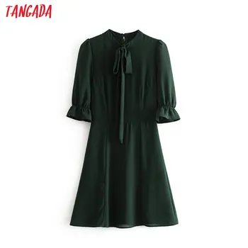 

Tangada fashion women green bow summer dress short sleeve back zipper ladies work mini dress vestidos 6M04