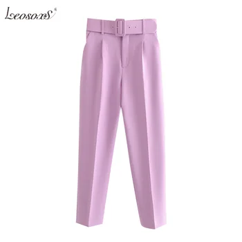 

LEOSOXS Women 2020 Chic Fashion High Waist With Belt Pants Vintage Zipper Fly Pockets Office Wear Female Ankle Trousers Mujer