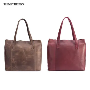 

Retro Women Genuine Leather Horizontal Tote Bag Wild Large Capacity Hand-crackle Vintage Ladies Shoulder Messenger