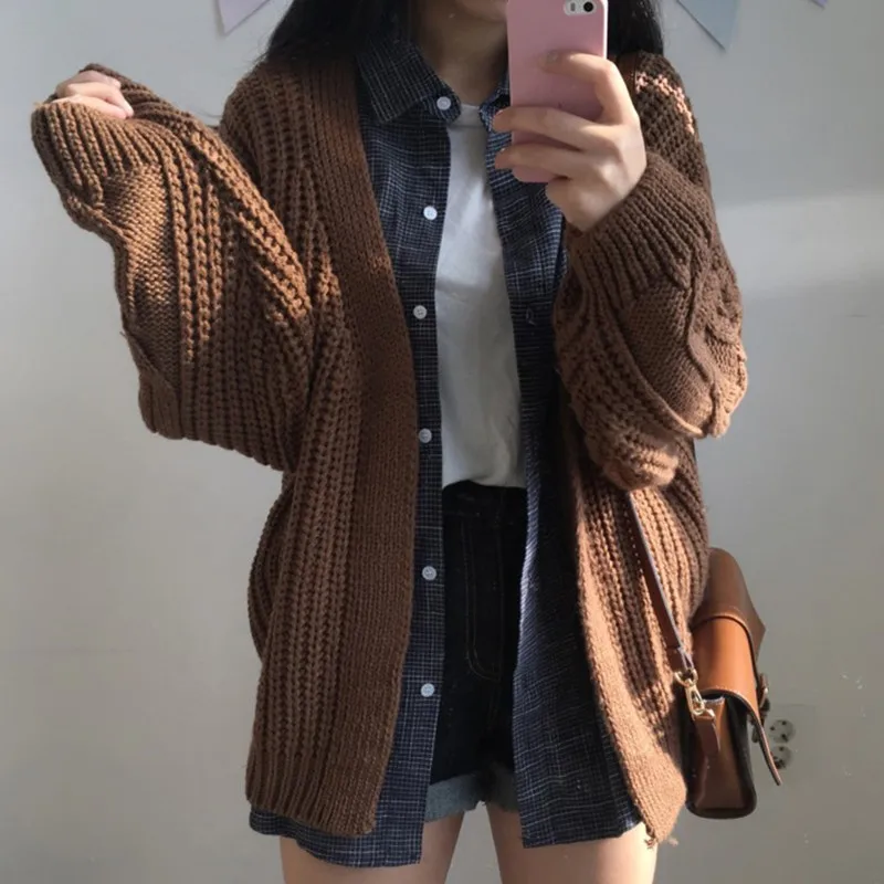 Women Autumn&Winter Casual Sweater Cardigan Solid Color Vintage Lantern Sleeve Round Neck Loose Cardigan Warm Knitted Sweater Co