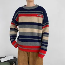 Striped Sweater Spring and Autumn Men's Fashion Harajuku Pullover Long-sleeved Bottoming Shirt Tide Brand Knitted Sweater Men