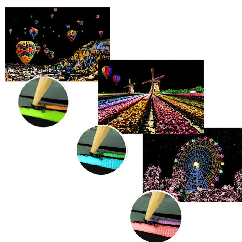Night-Scene Paintings-Card Decompression Scratch Creative Drawing-Toys Architecture Adults