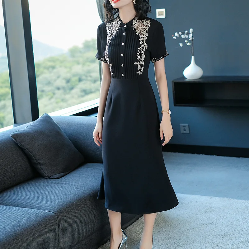 

Ozhouzhan Hong Kong Flavor Dress Summer Elegant Women's 2018 New Style Short Sleeve Embroidered Waist Hugging Sheath Medium-leng