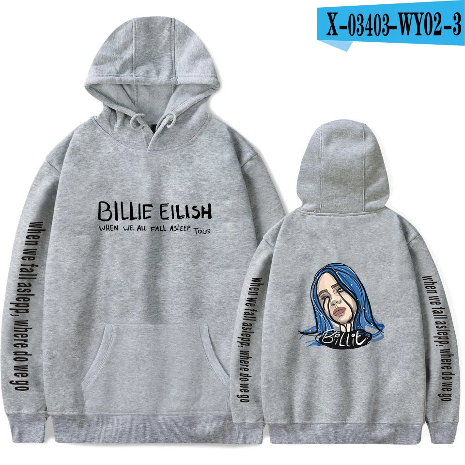 gray Популярные худи с принтом Billie Eilish, женские и мужские свитшоты Harajuku, Осенние повседневные черные пуловеры с капюшоном Billie Eilish Pop для девочек - Цвет: gray