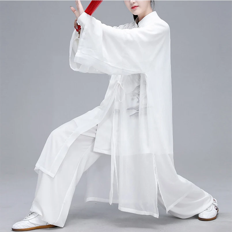 Женский Hanfu Taiji наборы одежды костюм Тан кунг-фу изысканный элегантный тай-чи из трех предметов одежды боевых искусств шаль чернильная живопись