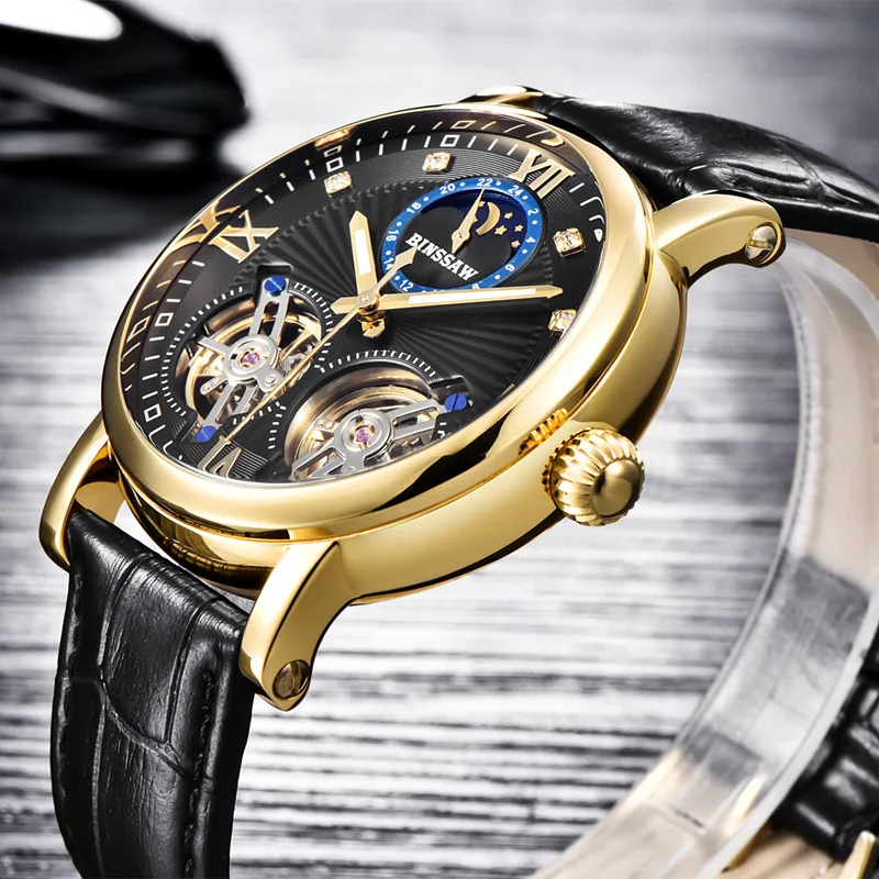 BINSSAW новые автоматические механические часы люксовый бренд двойной Tourbillon повседневные кожаные водонепроницаемые спортивные часы Relogio Masculino