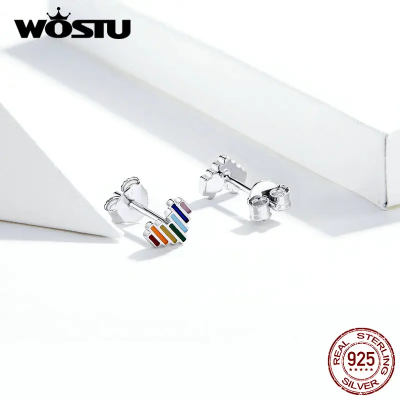 WOSTU подлинные 925 пробы серебряные радужные серьги в форме сердца для женщин Новые Красочные Модные украшения для свадебного подарка DXE787