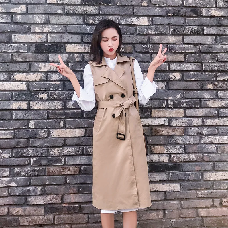 

Thench Coat Women's Spring Casual Slim Sleeveless Windbreaker Stitching Belt Solid Color Trench coats Female 2020 New Sale Z631