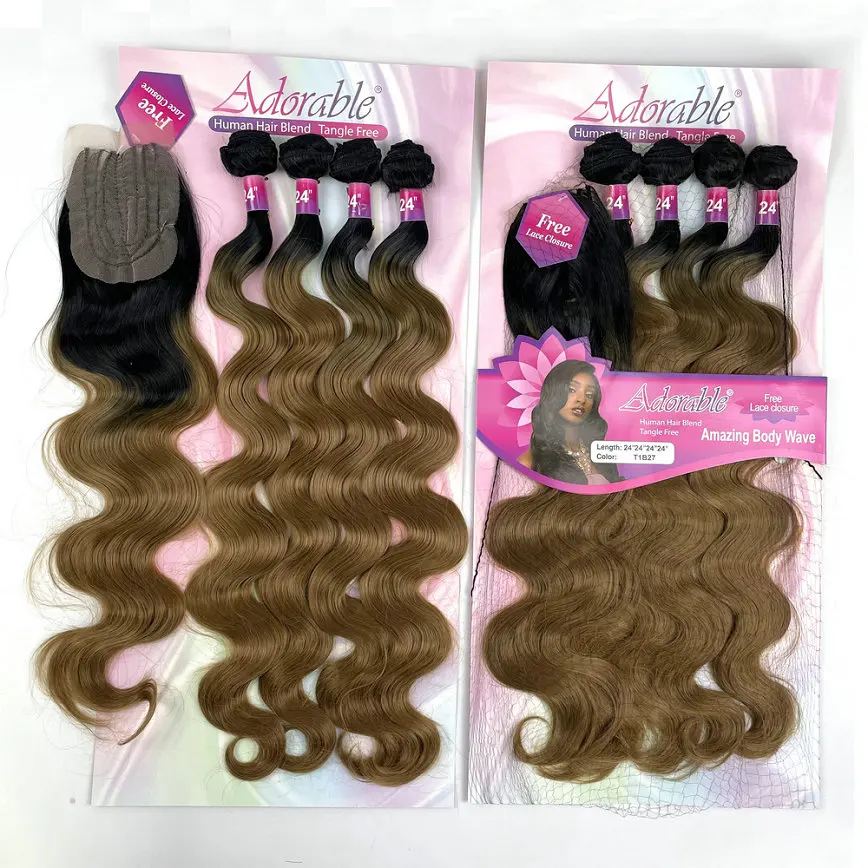 Adorable Full Packet Solution Synthetic Hair Bundles With Free 4*4 Machine Made Closure Ombre Color T1b27 Amazing Body Wave 4pcs