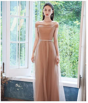 

Champagne Long Bridesmaid Dresses Off Shoulder A Line Floor Length Tulle Formal Prom Gowns Pleat Wedding Party Guests Dress 2020