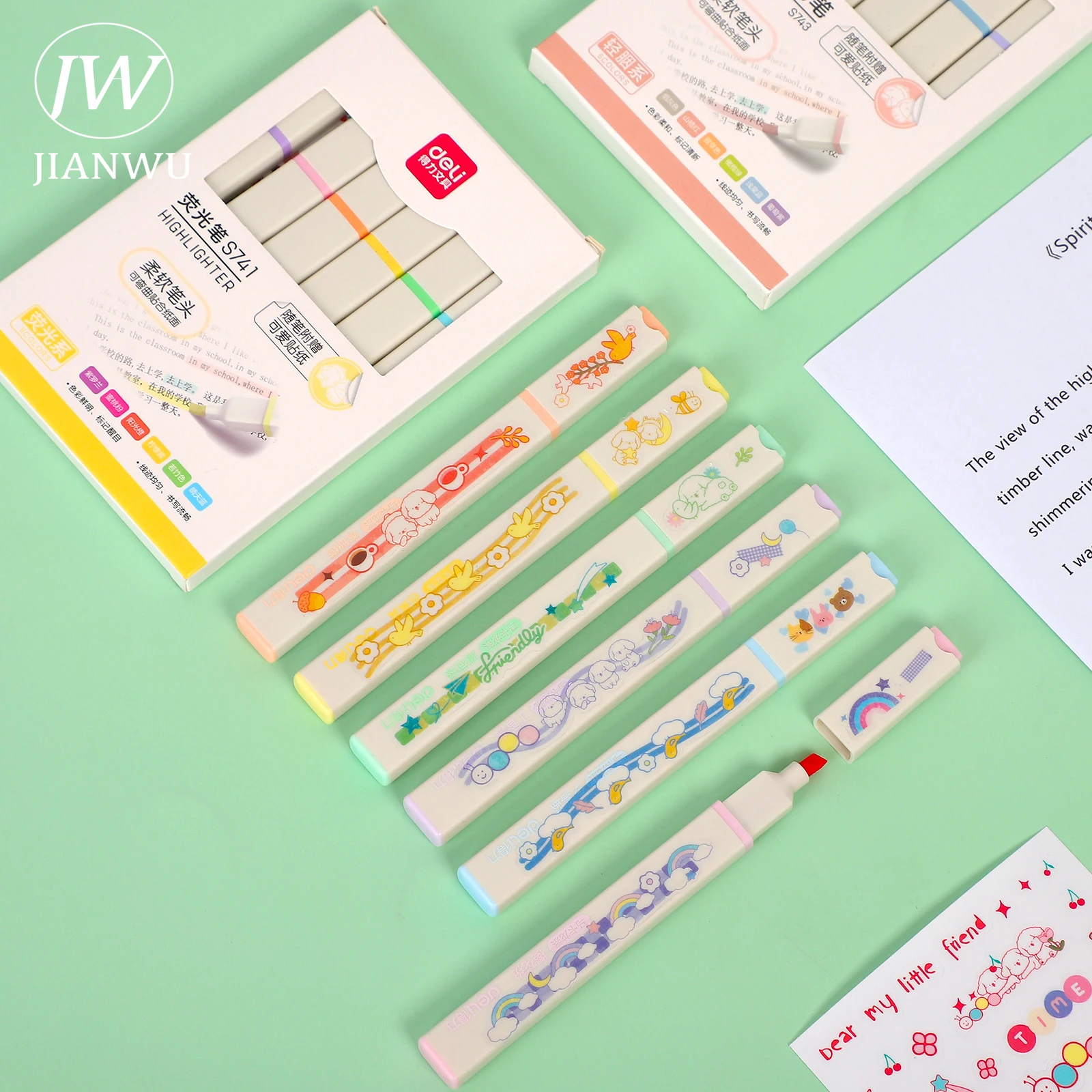 JIANWU 6 Pcs/Set Soft Color Oblique Head Highlighter Cute Stickers Decorative Marker Diary Scrapbook Fluorescence Pen Stationery |