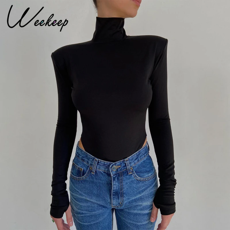 Weekeep Sexy Backless Turtleneck Bodysuits Women's Autumn Long Sleeve Streetwear Club Party Basic Tops Rompers One Piece Outfits black lace bodysuit Bodysuits