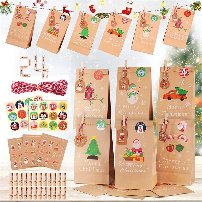 Me sorprendió Restricciones cubo Bolsas de papel Kraft con cuenta atrás para Navidad, paquete de dulces con  Calendario de Adviento, DIY, 24 juegos|Medias y cajas de regalo| -  AliExpress