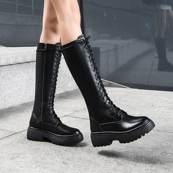 

100% Cow leather Knee High Boots thick heels Platforms High Boots Women Autumn Winter Warm Side Zipper Cross Tied Boots Women