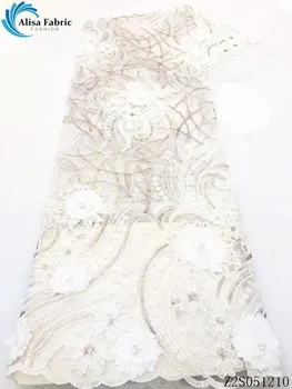 

Alisa white african 3d lace applique embrodeired with beads 5 yards/piece french net laces sequins fabric for party dress,sewing