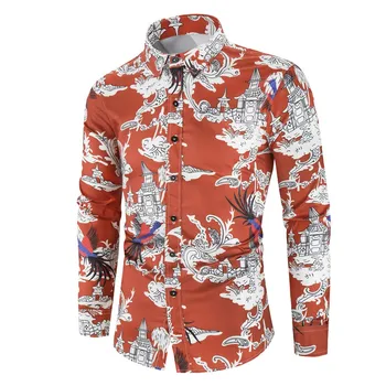 

Fashion Spring Autumn Casual Men Shirt Slim Fit Flower Print Linen Shirt Long-sleeved Shirts Male Floral Social Masculina M-3XL
