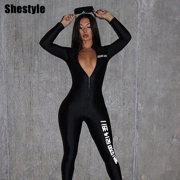 

Shestyle Letter Print Zipper Black Jumpsuits Women Spring Long Sleeve Leggings Sporting Workout Rompers Clothes Jumpsuit