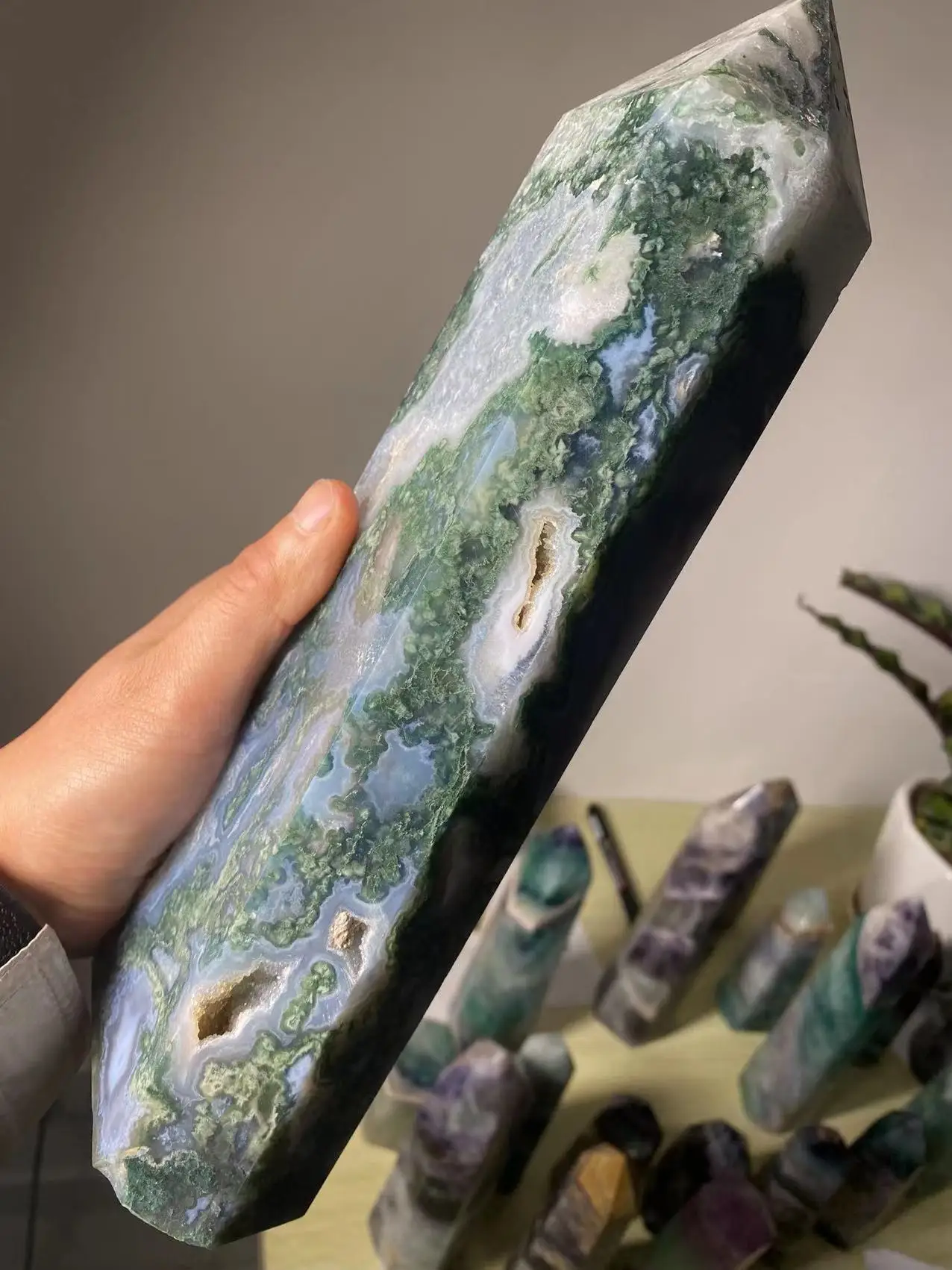 Natural large moss agate crystal tower natural crystal wand Reiki healing