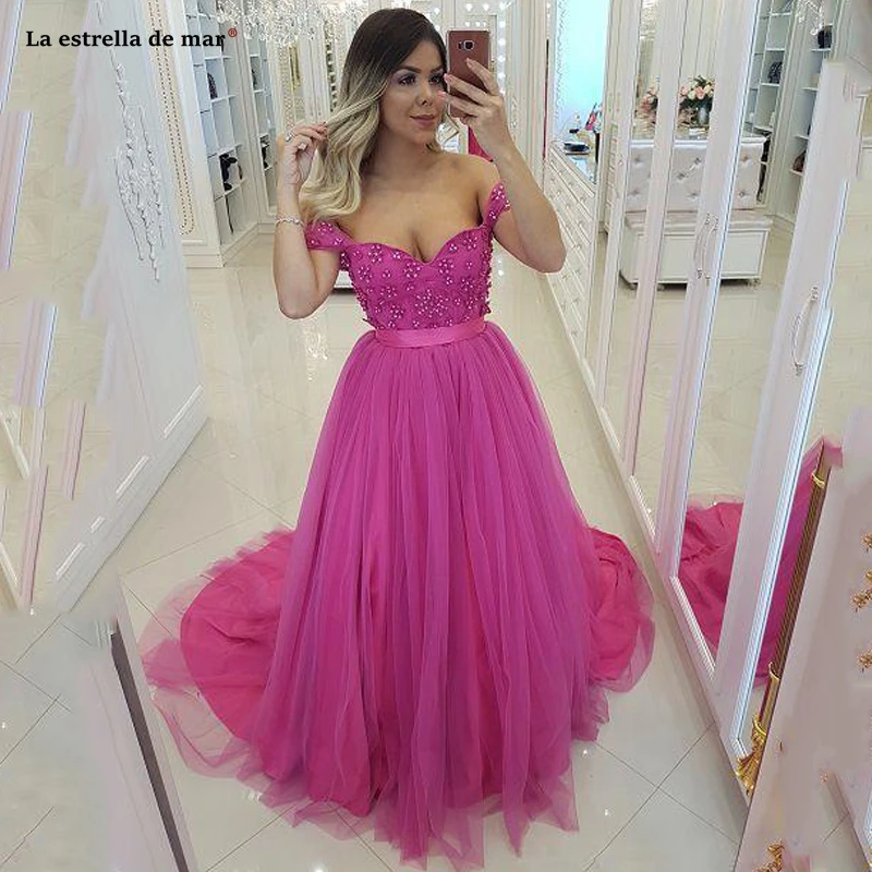 

New Fuchsia Prom Dresses Off the Shoulder Bead Lace TulleA Line Special Occasion Formal Evening Gowns Long robe de soiree