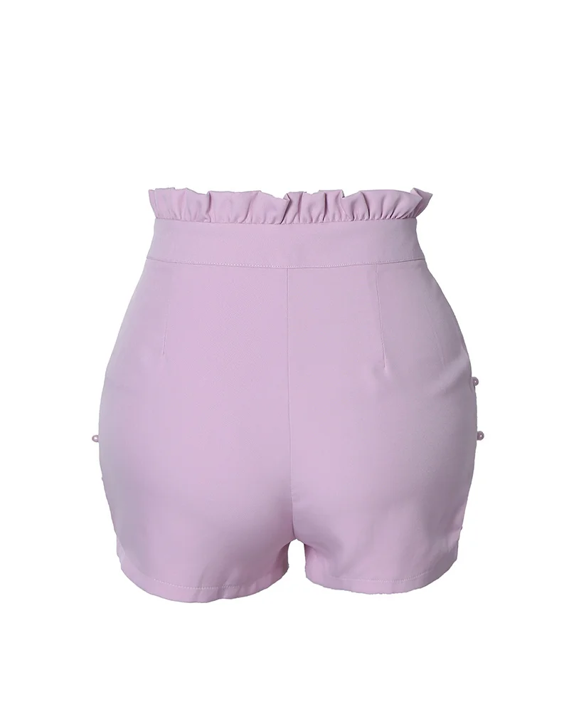 Billig Frauen Sommer Hohe Taille Shorts Damen Perlen Rüschen Saum Casual Shorts Pantalones Cortos De Mujer
