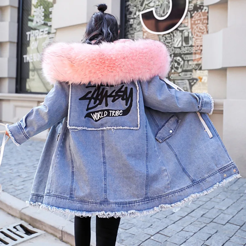 

2018 Winter New Style BF Loose Casual Mid-length Large Fur Collar Cotton-padded Clothes Thick Splittable plus Velvet Jeans Coat
