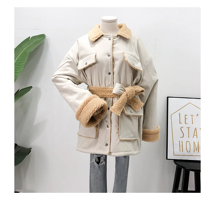 Mooirue Winter Women Lamb Cashmere Jackets With Sashes Patchwork Pockets Vintage Streetwear Koren Style Long Cardigan Coats