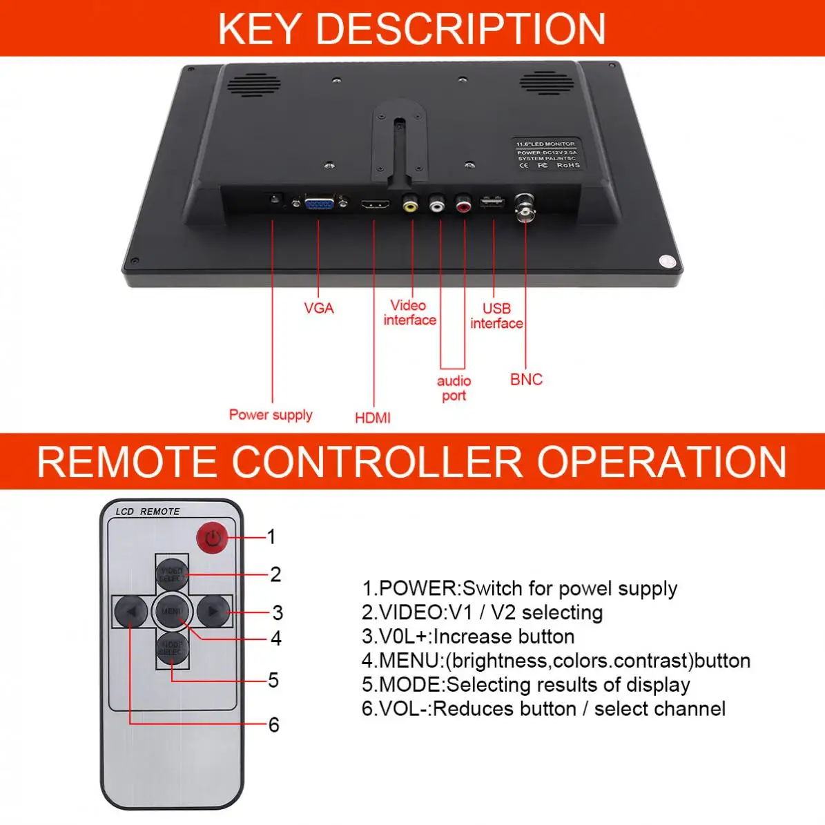 10.1 Inch HD IPS TFT LCD Color Monitor Mini TV Computer 2 Channel Video Input Security Monitor with Speaker AV BNC VGA HDMI New