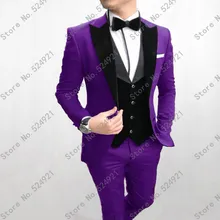 Костюм жениха под заказ пиковые бархатные нагрудные смокинги для жениха фиолетовый+ черные мужские костюмы для шафера(куртка+ брюки+ галстук-бабочка+ жилет) C625