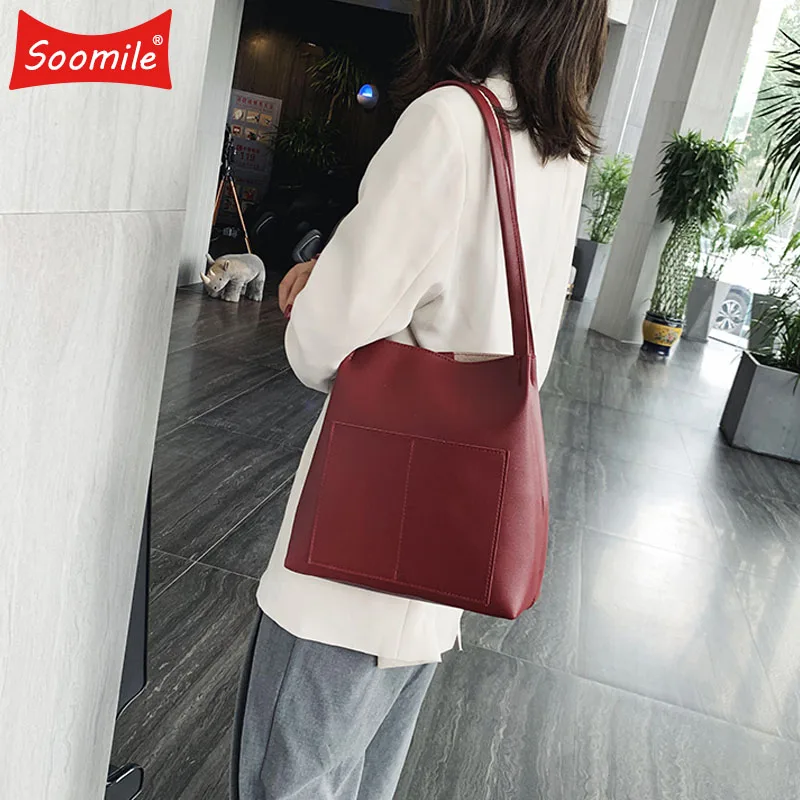 Large Capacity Simply Shoulder Bags For Women 2019 PU Leather Handbags Fashion Designer Bucket Bag Lady Solid Color Hand | Багаж и сумки