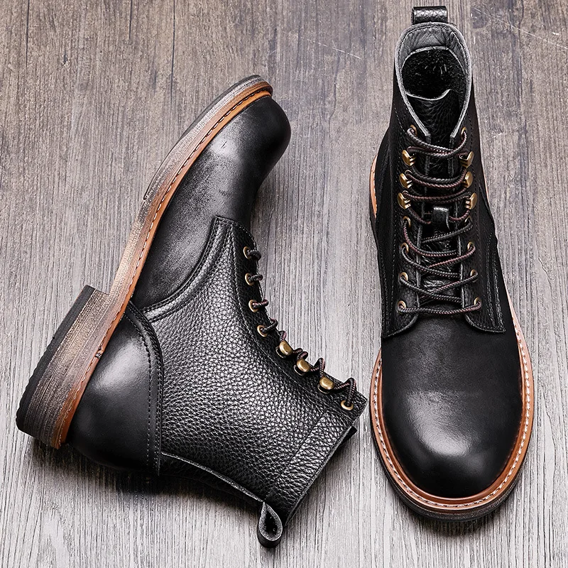Mens Combat Boots Winter Cowhide Cowboy Boots Male Men High Quality Genuine Leather Ankle Boots Men Casual Shoes Designer Shoes