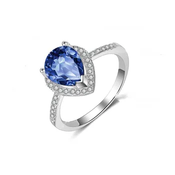 

YJZ116 Sterling Silver Drop Ring Blue Jewelry 8*10mm Pear Ring Female Luxury Quality Halo Style Engagement Jewelry S925