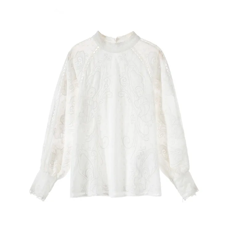 Blouse Осенние белые Винтаж хлопок вышивка курточка Chi с длинными рукавами кружевной воротник стойка блузки женские - Цвет: Blouse