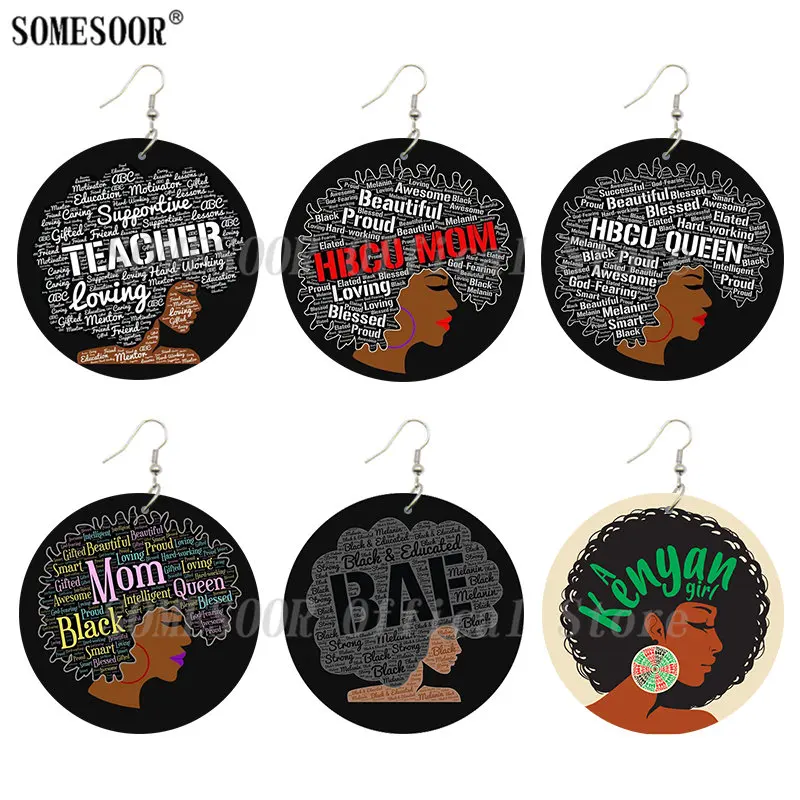 

SOMESOOR Black Mom Queen Teacher Both Sides Print Wooden Drop Earrings Proud Melanin Bee Locs Hoops Jewelry For Women Gifts