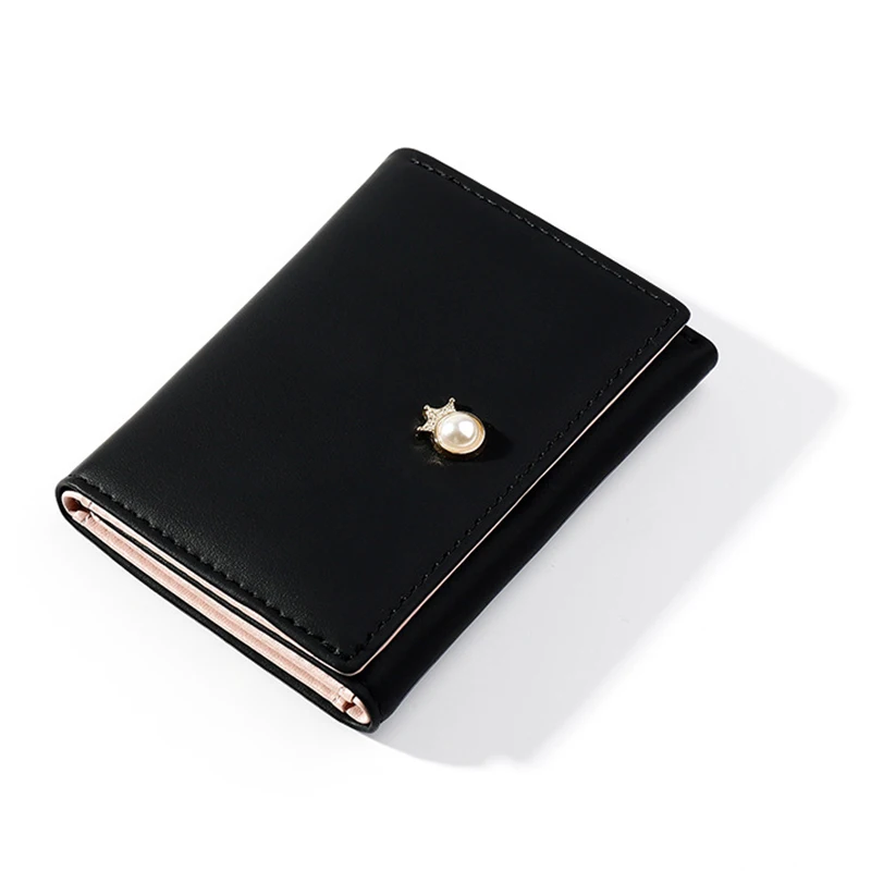 Black25 Женские кошельки Trifold, новинка, жемчужный элемент, короткий кошелек из мягкой кожи, серебристый цвет, роскошный женский бумажник, женский кошелек - Цвет: Black25