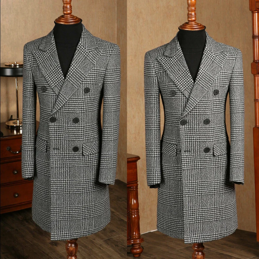 Mens Houndstooth Long Trench Coat Double Breasted Outwear Peak Lapel Jacket Suit Specialty Wedding Formal Occasion