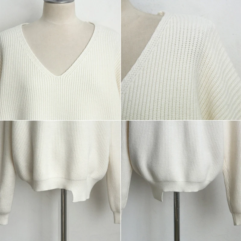 Women's Sweater Knitted Jacket V-neck Vintage White Long Sleeve Pullovers Tops Sweaters Ropa Mujer Pull Femme Jersey Mujer C8349