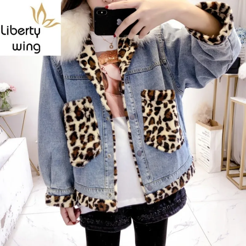 

Fashion Women Loose Fit Leopard Patchwork Thick Warm Fleece Lining Denim Jacket Faux Fur Collar Outwear Batwing Sleeve Jean Coat