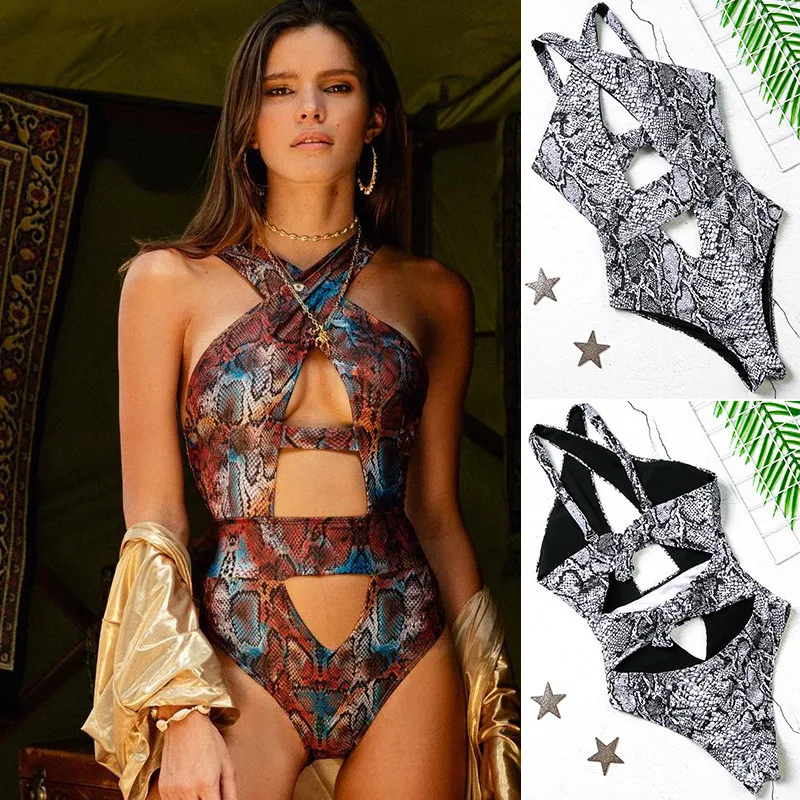 

Snake Skin Print Women High Waist Sexy Cut Out Push Up Monokini Bikini Set Swimsuit Swimwear Swim Biquini Plavky Maillot Tankini