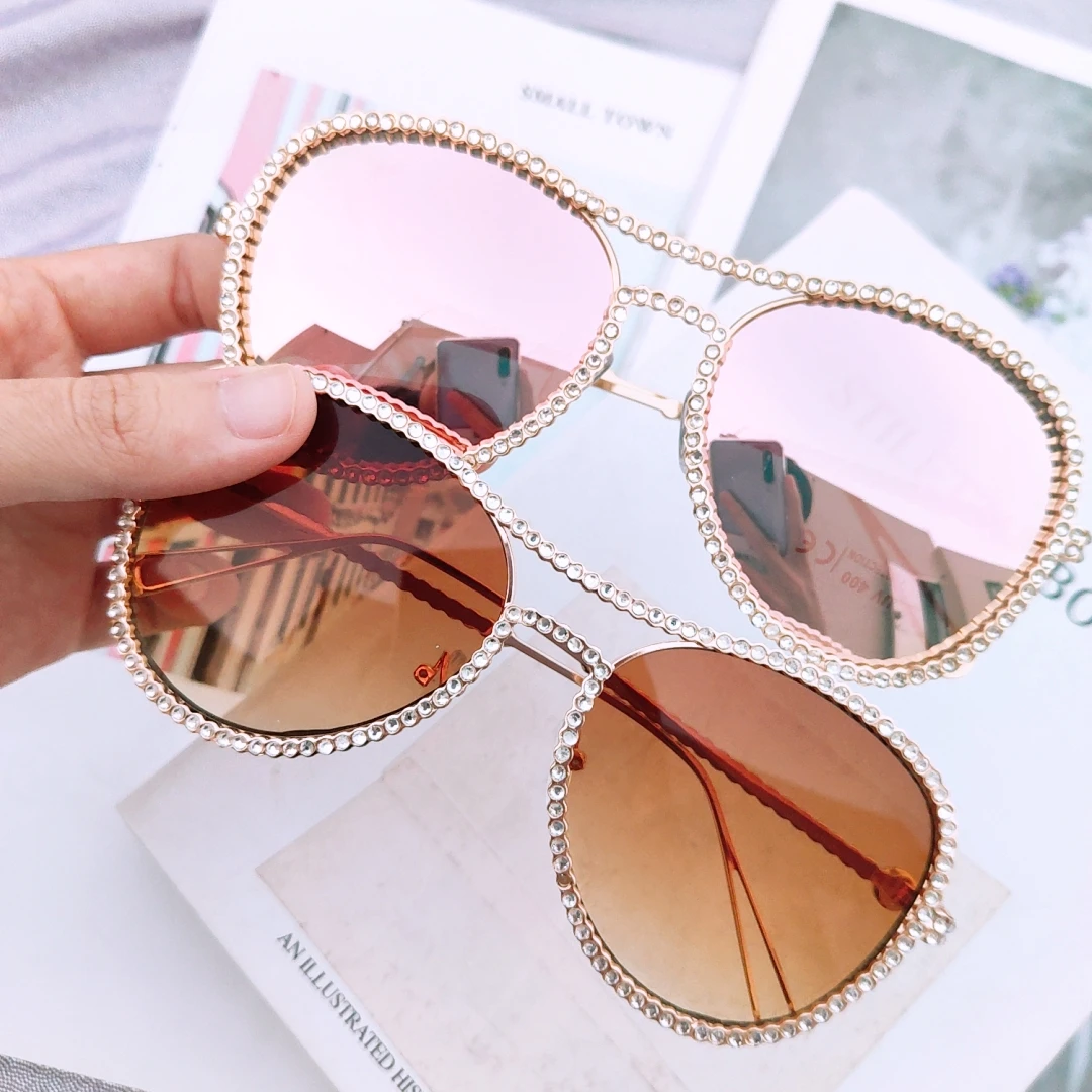 Классический пилот Стразы солнцезащитные очки для женщин модные роскошные Кристальные украшения очки розовые прозрачные круглые очки gafas de sol mujer