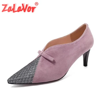 

ZALAVOR Real Leather Women Pumps Bowtie Office Work Pointed Toe Bling Fashion Pumps Thin High Heel Shoes Woman Size 34-40