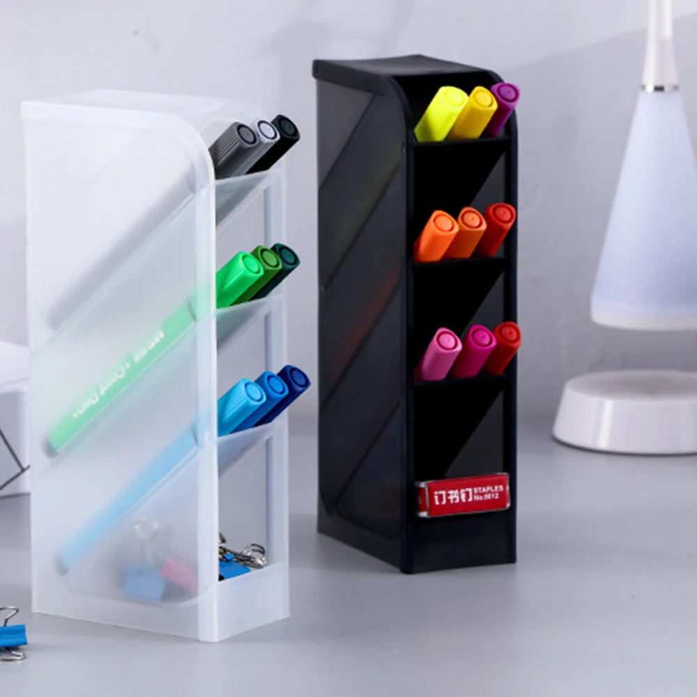 

Multi-function 4 Grid Desktop Pen Holder Office School Storage Case Clear White Black Plastic Box Desk Pen Pencil Organizer