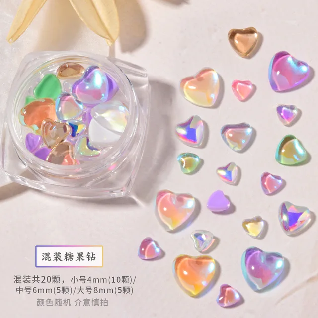 FlorVida 20pcs Sweet Heart Mermaid Rhinestone Beads Holographic Crystal Gems Stones For Nail Art Decorations Mix Size Box Kawaii 20pcs Heart Mix