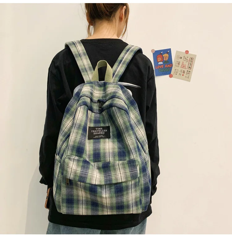 Fashion Plaid Canvas Women's Backpack Student Backpacks Teenage Girl School Bags Large Capacity Waterproof Travel Rucksack