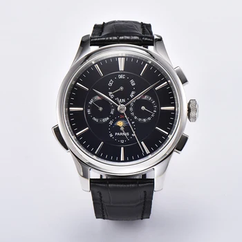 

Parnis 45mm Black Dial Moon Phase Men's Wrist Watch Multifunction Automatic Movement Mechanical Relogio Leather Strap Watches