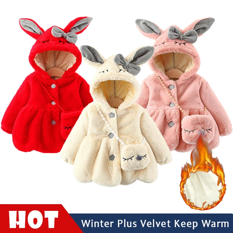 Winter Newborn Baby Girl Clothes Rabbit Ear Plush Baby Jacket Christmas Girls Fur Coat Snowsuit Warm Hooded Infants Outwear
